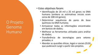 O Projeto
Genoma
Humano
• Estes objetivos foram:
• Identificação de 20 mil a 25 mil genes no DNA
humano (embora as estimativas iniciais eram
cerca de 100 mil genes);
• Determinar sequências de pares de base
químicos no DNA humano;
• Armazenar todas as informações encontradas
em bancos de dados;
• Melhorar as ferramentas utilizadas para análise
de dados;
• Transferência de tecnologias para setores
privados; e
• Abordar as questões éticas, legais e sociais (ELSI)
que pudessem surgir a partir dos projetos.
 