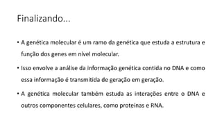 Finalizando...
• A genética molecular é um ramo da genética que estuda a estrutura e
função dos genes em nível molecular.
• Isso envolve a análise da informação genética contida no DNA e como
essa informação é transmitida de geração em geração.
• A genética molecular também estuda as interações entre o DNA e
outros componentes celulares, como proteínas e RNA.
 