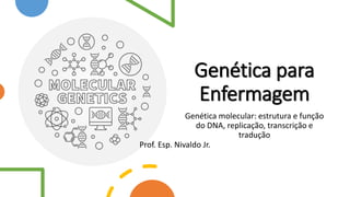 Genética para
Enfermagem
Genética molecular: estrutura e função
do DNA, replicação, transcrição e
tradução
Prof. Esp. Nivaldo Jr.
 