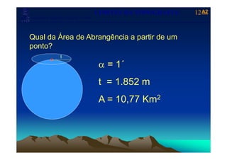 A2A2
Laboratório de Topografia e Cartografia - CTUFES
___________________________________________________________
12LIMITES DA TOPOGRAFIA|
Qual da Área de Abrangência a partir de um
t ?ponto?
t
1´α = 1´
t 1 852 mt = 1.852 m
A = 10 77 Km2A = 10,77 Km2
 