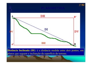 A3A327
Laboratório de Topografia e Cartografia - CTUFES
PLANIMETRIA
___________________________________________________________
p g g
DVV
DH
Distância Inclinada (DI): é a distância medida entre dois pontos, em
planos que seguem a inclinação da superfície do terreno.p q g ç p
 