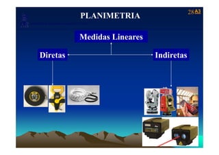 A3A328
Laboratório de Topografia e Cartografia - CTUFES
PLANIMETRIA
___________________________________________________________
p g g
Medidas Lineares
Diretas Indiretas
 