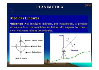 29
Laboratório de Topografia e Cartografia - CTUFES
PLANIMETRIA
A3
___________________________________________________________
p g g
Medidas LinearesMedidas Lineares
•Indiretas: Nas medições indiretas, por estadimetria, a precisão
dependerá dos erros cometidos nas leituras dos ângulos horizontaisdependerá dos erros cometidos nas leituras dos ângulos horizontais
e verticais e nas leituras dos retículos.
 