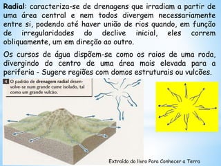 Radial: caracteriza-se de drenagens que irradiam a partir de
uma área central e nem todos divergem necessariamente
entre si, podendo até haver união de rios quando, em função
de irregularidades do declive inicial, eles correm
obliquamente, um em direção ao outro.
Os cursos de água dispõem-se como os raios de uma roda,
divergindo do centro de uma área mais elevada para a
periferia - Sugere regiões com domos estruturais ou vulcões.
Extraído do livro Para Conhecer a Terra
 
