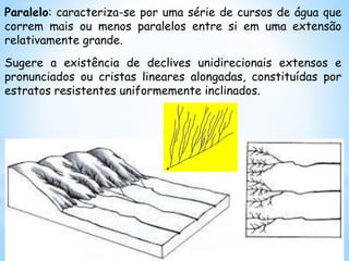Paralelo: caracteriza-se por uma série de cursos de água que
correm mais ou menos paralelos entre si em uma extensão
relativamente grande.
Sugere a existência de declives unidirecionais extensos e
pronunciados ou cristas lineares alongadas, constituídas por
estratos resistentes uniformemente inclinados.
 