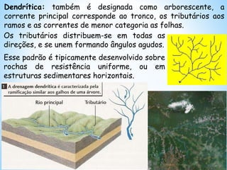 Os tributários distribuem-se em todas as
direções, e se unem formando ângulos agudos.
Esse padrão é tipicamente desenvolvido sobre
rochas de resistência uniforme, ou em
estruturas sedimentares horizontais.
Dendrítica: também é designada como arborescente, a
corrente principal corresponde ao tronco, os tributários aos
ramos e as correntes de menor categoria as folhas.
 