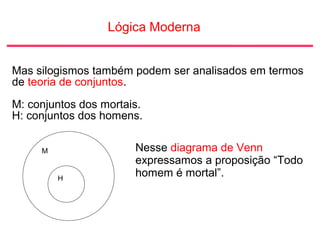 Lógica Moderna
Mas silogismos também podem ser analisados em termos
de teoria de conjuntos.
M: conjuntos dos mortais.
H: conjuntos dos homens.
M
H
Nesse diagrama de Venn
expressamos a proposição “Todo
homem é mortal”.
 