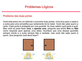 Problemas Lógicos
Problema das duas portas
Você está preso em um labirinto e encontra duas portas. Uma leva para a saída e
a outra para uma armadilha que certamente irá te matar. Você não sabe qual é a
certa. Cada porta é protegida por uma guardiã. As duas sabem qual porta é qual.
Mas você só pode fazer uma, e apenas uma, pergunta que tenha Sim ou Não
como resposta para apenas uma delas. Acontece que uma dessas guardiãs
sempre mente e a outra sempre fala a verdade, mas você não sabe quem é
quem. Que pergunta você deve fazer?
 
