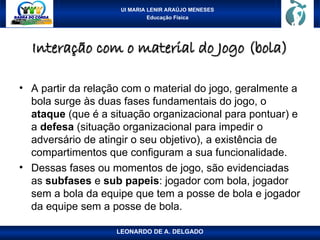 UI MARIA LENIR ARAÚJO MENESES
Educação Física
Interação com o material do Jogo (bola)
Interação com o material do Jogo (bola)
• A partir da relação com o material do jogo, geralmente a
bola surge às duas fases fundamentais do jogo, o
ataque (que é a situação organizacional para pontuar) e
a defesa (situação organizacional para impedir o
adversário de atingir o seu objetivo), a existência de
compartimentos que configuram a sua funcionalidade.
• Dessas fases ou momentos de jogo, são evidenciadas
as subfases e sub papeis: jogador com bola, jogador
sem a bola da equipe que tem a posse de bola e jogador
da equipe sem a posse de bola.
LEONARDO DE A. DELGADO
 