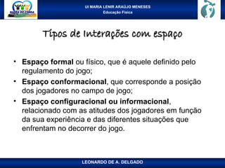 UI MARIA LENIR ARAÚJO MENESES
Educação Física
Tipos de Interações com espaço
Tipos de Interações com espaço
• Espaço formal ou físico, que é aquele definido pelo
regulamento do jogo;
• Espaço conformacional, que corresponde a posição
dos jogadores no campo de jogo;
• Espaço configuracional ou informacional,
relacionado com as atitudes dos jogadores em função
da sua experiência e das diferentes situações que
enfrentam no decorrer do jogo.
LEONARDO DE A. DELGADO
 