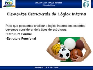 UI MARIA LENIR ARAÚJO MENESES
Educação Física
Elementos Estruturais da Lógica Interna
Elementos Estruturais da Lógica Interna
Para que possamos analisar a logica interna dos esportes
devemos considerar dois tipos de estruturas:
•Estrutura Formal
•Estrutura Funcional
LEONARDO DE A. DELGADO
 