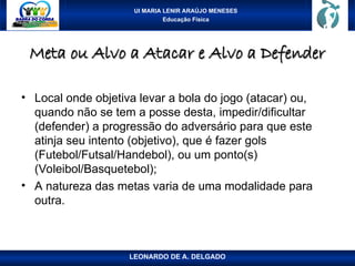 UI MARIA LENIR ARAÚJO MENESES
Educação Física
Meta ou Alvo a Atacar e Alvo a Defender
Meta ou Alvo a Atacar e Alvo a Defender
• Local onde objetiva levar a bola do jogo (atacar) ou,
quando não se tem a posse desta, impedir/dificultar
(defender) a progressão do adversário para que este
atinja seu intento (objetivo), que é fazer gols
(Futebol/Futsal/Handebol), ou um ponto(s)
(Voleibol/Basquetebol);
• A natureza das metas varia de uma modalidade para
outra.
LEONARDO DE A. DELGADO
 