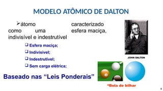 átomo caracterizado
como uma esfera maciça,
indivisível e indestrutível
 Esfera maciça;
 Indivisível;
 Indestrutível;
 Sem carga elétrica;
Baseado nas “Leis Ponderais”
“Bola de bilhar
MODELO ATÔMICO DE DALTON
JOHN DALTON
6
 