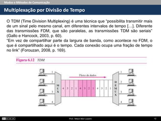 Modos e Métodos de Comunicação
Multiplexação por Divisão de Tempo
Prof.: Nilson Mori Lazarin 12
O TDM (Time Division Multiplexing) é uma técnica que “possibilita transmitir mais
de um sinal pelo mesmo canal, em diferentes intervalos de tempo […]. Diferente
das transmissões FDM, que são paralelas, as transmissões TDM são seriais”
(Gallo e Hancock, 2003, p. 60).
“Em vez de compartilhar parte da largura de banda, como acontece no FDM, o
que é compartilhado aqui é o tempo. Cada conexão ocupa uma fração de tempo
no link” (Forouzan, 2008, p. 169).
 
