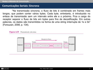 Modos e Métodos de Comunicação
Comunicações Seriais: Síncrona
Prof.: Nilson Mori Lazarin 5
''Na transmissão síncrona, o fluxo de bits é combinado em frames mais
longos, que podem conter vários bytes. Cada byte, entretanto, é introduzido no
enlace de transmissão sem um intervalo entre ele e o próximo. Fica a cargo do
receptor separar o fluxo de bits em bytes para fins de decodificação. Em outras
palavras, os dados são transmitidos na forma de uma string iinterrupta de 1s e 0s''
(Forouzan, 2008, p. 134).
 