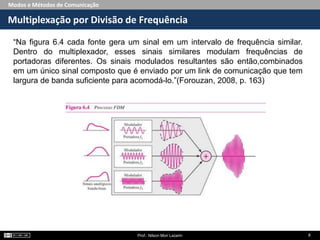 Modos e Métodos de Comunicação
Multiplexação por Divisão de Frequência
Prof.: Nilson Mori Lazarin 8
“Na figura 6.4 cada fonte gera um sinal em um intervalo de frequência similar.
Dentro do multiplexador, esses sinais similares modulam frequências de
portadoras diferentes. Os sinais modulados resultantes são então,combinados
em um único sinal composto que é enviado por um link de comunicação que tem
largura de banda suficiente para acomodá-lo.”(Forouzan, 2008, p. 163)
 