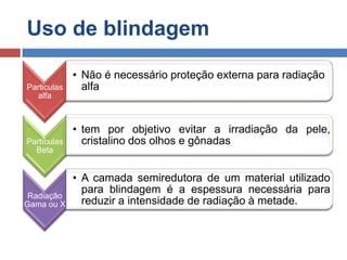 Uso de blindagem
Particulas
alfa

Partículas
Beta

Radiação
Gama ou X

• Não é necessário proteção externa para radiação
alfa

• tem por objetivo evitar a irradiação da pele,
cristalino dos olhos e gônadas

• A camada semiredutora de um material utilizado
para blindagem é a espessura necessária para
reduzir a intensidade de radiação à metade.

 