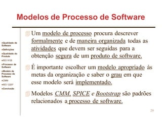 Qualidade de
Software
Definições
Qualidade do
Produto
ISO 9126
Processo de
Software
Modelo de
Processo de
Software
CMM
ISO 12207
Conclusão
20
 Um modelo de processo procura descrever
formalmente e de maneira organizada todas as
atividades que devem ser seguidas para a
obtenção segura de um produto de software.
 É importante escolher um modelo apropriado às
metas da organização e saber o grau em que
esse modelo será implementado.
 Modelos CMM, SPICE e Bootstrap são padrões
relacionados a processo de software.
Modelos de Processo de Software
 