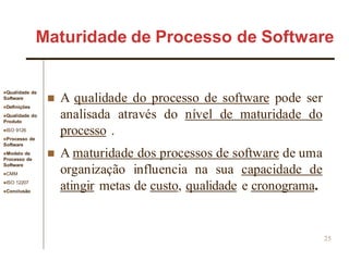 Qualidade de
Software
Definições
Qualidade do
Produto
ISO 9126
Processo de
Software
Modelo de
Processo de
Software
CMM
ISO 12207
Conclusão
25
 A qualidade do processo de software pode ser
analisada através do nível de maturidade do
processo .
 A maturidade dos processos de software de uma
organização influencia na sua capacidade de
atingir metas de custo, qualidade e cronograma.
Maturidade de Processo de Software
 