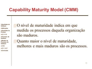 Qualidade de
Software
Definições
Qualidade do
Produto
ISO 9126
Processo de
Software
Modelo de
Processo de
Software
CMM
ISO 12207
Conclusão
31
O nível de maturidade indica em que
medida os processos daquela organização
são maduros.
Quanto maior o nível de maturidade,
melhores e mais maduros são os processos.
Capability Maturity Model (CMM)
 