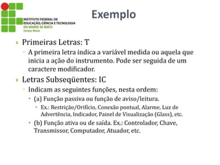  Primeiras Letras: T
◦ A primeira letra indica a variável medida ou aquela que
inicia a ação do instrumento. Pode ser seguida de um
caractere modificador.
 Letras Subseqüentes: IC
◦ Indicam as seguintes funções, nesta ordem:
 (a) Função passiva ou função de aviso/leitura.
 Ex.: Restrição/Orifício, Conexão pontual, Alarme, Luz de
Advertência, Indicador, Painel de Visualização (Glass), etc.
 (b) Função ativa ou de saída. Ex.: Controlador, Chave,
Transmissor, Computador, Atuador, etc.
 
