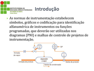  As normas de instrumentação estabelecem
símbolos, gráficos e codificação para identificação
alfanumérica de instrumentos ou funções
programadas, que deverão ser utilizadas nos
diagramas (PNI) e malhas de controle de projetos de
instrumentação.
 
