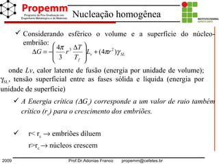 2009 Prof.Dr.Adonias Franco propemm@cefetes.br
Nucleação homogênea
SLv
f
rL
T
T
rG γπ
π
)4(
3
4 23
+







 ∆
−=∆
 Considerando esférico o volume e a superfície do núcleo-
embrião:
onde Lv, calor latente de fusão (energia por unidade de volume);
γSL, tensão superficial entre as fases sólida e líquida (energia por
unidade de superfície)
 A Energia crítica (∆Gc) corresponde a um valor de raio também
crítico (rc) para o crescimento dos embriões.
 r< rc → embriões diluem
r>rc → núcleos crescem
 