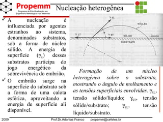 2009 Prof.Dr.Adonias Franco propemm@cefetes.br
Nucleação heterogênea
 A nucleação é
influenciada por agentes
estranhos ao sistema,
denominados substratos,
sob a forma de núcleo
sólido. A energia de
superfície (γSL) desses
substratos participa do
jogo energético da
sobrevivência do embrião.
 O embrião surge na
superfície do substrato sob
a forma de uma calota
esférica, aproveitando a
energia de superfície ali
disponível.
Formação de um núcleo
heterogêneo sobre o substrato,
mostrando o ângulo de molhamento e
as tensões superficiais envolvidas. γSL,
tensão sólido/líquido; γST, tensão
sólido/substrato; γSL, tensão
líquido/substrato.
 