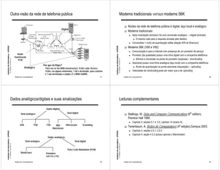 Outra visão da rede de telefonia pública                                                                                                                   Modems tradicionais versus modems 56K

                                                                                                                                                                                                                         !   Núcleo da rede de telefonia pública é digital, laço local é analógico
                                                                                                               Digital
                                                                                                                                                                                                                         !   Modems tradicionais:
                                                                                                                                                                                                                               ►   Após modulação (emissor) há uma conversão analógico →digital (entrada)
                                                                                                                                                                                                                                    ► O mesmo vale para a resposta enviada pelo destino

                                                                                                                                                                                                                               ►   Conversões = ruído de quantização (afeta relação S/R de Shannon)
                                                                                                                                                                                                                             Modems 56K (V90 e V92)
Instituto de Informática - UFRGS




                                                                                                                                                           Instituto de Informática - UFRGS
                                                                                                                                                                                                                         !
                                                                                                                                                                                                                               ►   Comunicação é para a Internet com presença de um provedor de serviço
                                                                Ruído                                                                                                                                                          ►   Provedor (de qualidade) possui uma linha digital com a companhia telefônica
                                                              Quantização
                                                                                                                                                                                                                                    ► Elimina a conversão na ponta do provedor (resposta) - downloading
                                   A. Carissimi -16-mars-10




                                                                                                                                                                                              A. Carissimi -16-mars-10
                                                                 PCM
                                                                                                                                                                                                                               ►   Assinante possui uma linha analógica (laço local) com a companhia telefônica
                                                                                            Por que 56 Kbps?
                                                                         Analógico                                                                                                                                                  ► Ruído de quantização na ponta assinante (requisição) – uploading
                                                                                             Para voz se faz 8000 amostras/sec, 8 bits cada. Desses
                                                                                             8 bits, em alguns momentos, 1 bit é destinado para controle                                                                       ►   Velocidade de dowloading pode ser maior que a de uploading
                                                                                             e 7 são destinados a dados (7 x 8000=56000).
                                                              Redes de Computadores                                                                  37                                                                  Redes de Computadores                                                                    38




                                        Dados analógicos/digitais e suas sinalizações                                                                                                              Leituras complementares

                                                                                              Dados digitais
                                                                                                                    Sinal digital
                                                                    Sinal analógico                                                                                                                                      !   Stallings, W. Data and Computer Communications (6th edition),
                                                                                                                                                                                                                             Prentice Hall 1999.
                                                                                                                                                                                                                               ►   Capítulo 5, seções 5.1 a 5.5, capítulo 14 (anexo A)
                                                                   ASK                PSK     FSK      NRZ     Diferenciais          Scambling
                                                                                                    Manchester
                                                                                                                                                                                                                         !   Tanenbaum, A. Redes de Computadores (4a edição),Campus 2003.
                                                                                                                                                                                                                               ►   Capítulo 2, seções 2.5.1, 2.5.3
Instituto de Informática - UFRGS




                                                                                                                                                           Instituto de Informática - UFRGS




                                                                                                                                                                                                                               ►   Capítulo 4, seção 4.3.2 (possui apenas o Manchester)
                                                                                                Dados analógicos
                                                                         Sinal analógico                                    Sinal digital
                                   A. Carissimi -16-mars-10




                                                                                                                                                                                              A. Carissimi -16-mars-10




                                                                                                                     Pulse Code Modulation (PCM)
                                                                    Banda base                Portadora
                                                                                              (AM,FM e PM)

                                                              Redes de Computadores                                                                  39                                                                  Redes de Computadores                                                                    40
 