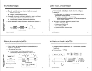 Sinalização analógica                                                                                                                         Dados digitais, sinais analógicos

                                                              !   Baseada na existência de um sinal de freqüência constante                                                                                 !   Transmissão de dados digitais através de sinais analógicos
                                                                    ►   Portadora (carrier signal)                                                                                                          !   Modulação
                                                                    ►   Freqüência da portadora depende do meio                                                                                                   ►     conversão de um sinal analógico em outro sinal analógico de modo a
                                                                                                                                                                                                                        transmiti-lo em um meio passa-faixa
                                                              !   Modulação consiste em codificar os dados com base na portadora
                                                                                                                                                                                                                  ►     Modulação em dados digitais se denomina keying
                                                                    ►   Combinação dos parâmetros: amplitude, freqüência e fase                                                                                           ► Representar uma informação através de uma série de modificações em
                                                                        Transformação de um sinal em passa-baixa em passa-banda                                                                                             um sinal analógico (portadora)
Instituto de Informática - UFRGS




                                                                                                                                              Instituto de Informática - UFRGS
                                                                    ►

                                                              !   Banda passante do sinal é centrada na freqüência da portadora (fc)                                                                        !   Técnicas de modulação para dados digitais (keying)
                                                                                                                                                                                                                  ►     Amplitude shift keying (n-ASK)
                                                                                                                                                                                                                  ►     Frequency shift keying (n-FSK)
                                   A. Carissimi -16-mars-10




                                                                                                                                                                                 A. Carissimi -16-mars-10
                                                                                                                                                                                                                  ►     Phase shift keying (n-PSK)
                                                                                                                                                                                                                  ►     Quadrature Amplitude Modulation (QAM)



                                                              Redes de Computadores                                                      25                                                                 Redes de Computadores                                                                26




                                        Modulação em amplitude (n-ASK)                                                                                                                Modulação em freqüência (n-FSK)

                                                              !   Dados binários são representados por n niveis diferentes de                                                                               !   Dados binários são representados por n portadoras de diferentes
                                                                  amplitudes da portadora                                                                                                                       freqüências
                                                              !   Caso particular: n=2 (ASK)                                                                                                                !   Caso particular: n=2 (FSK)
                                                                    ►   Um dos valores pode ser zero (supressão da portadora)
                                                                         ► Empregado em fibras óticas (presença ou ausência de luz)
                                                                                                                                                                                                                                                            Bit 1= A cos (2 π f1t )
                                                                                                                                                                                                                                                  S(t) =
                                                                                                                                                                                                                  Banda = fc2 – fc1 + Nbaud                 Bit 0 =A cos (2 π f2t )
Instituto de Informática - UFRGS




                                                                                                                                              Instituto de Informática - UFRGS




                                                                   Banda = Nbaud
                                                                        Nbaud
                                   A. Carissimi -16-mars-10




                                                                                                                                                                                 A. Carissimi -16-mars-10




                                                                                                                                                                                                                  fc1               fc2
                                                                          fc                         S(t) =   Bit 1 = A cos (2 π fct )                                                                                              Nbaud/2
                                                                                                              Bit 0 = 0
                                                              Redes de Computadores                                                      27                                                                 Redes de Computadores                                                                28
 