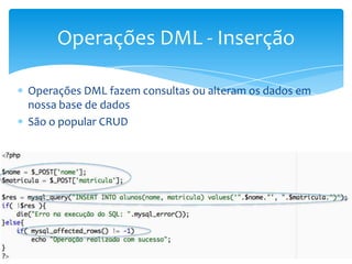 Operações DML - Inserção

Operações DML fazem consultas ou alteram os dados em
nossa base de dados
São o popular CRUD
 