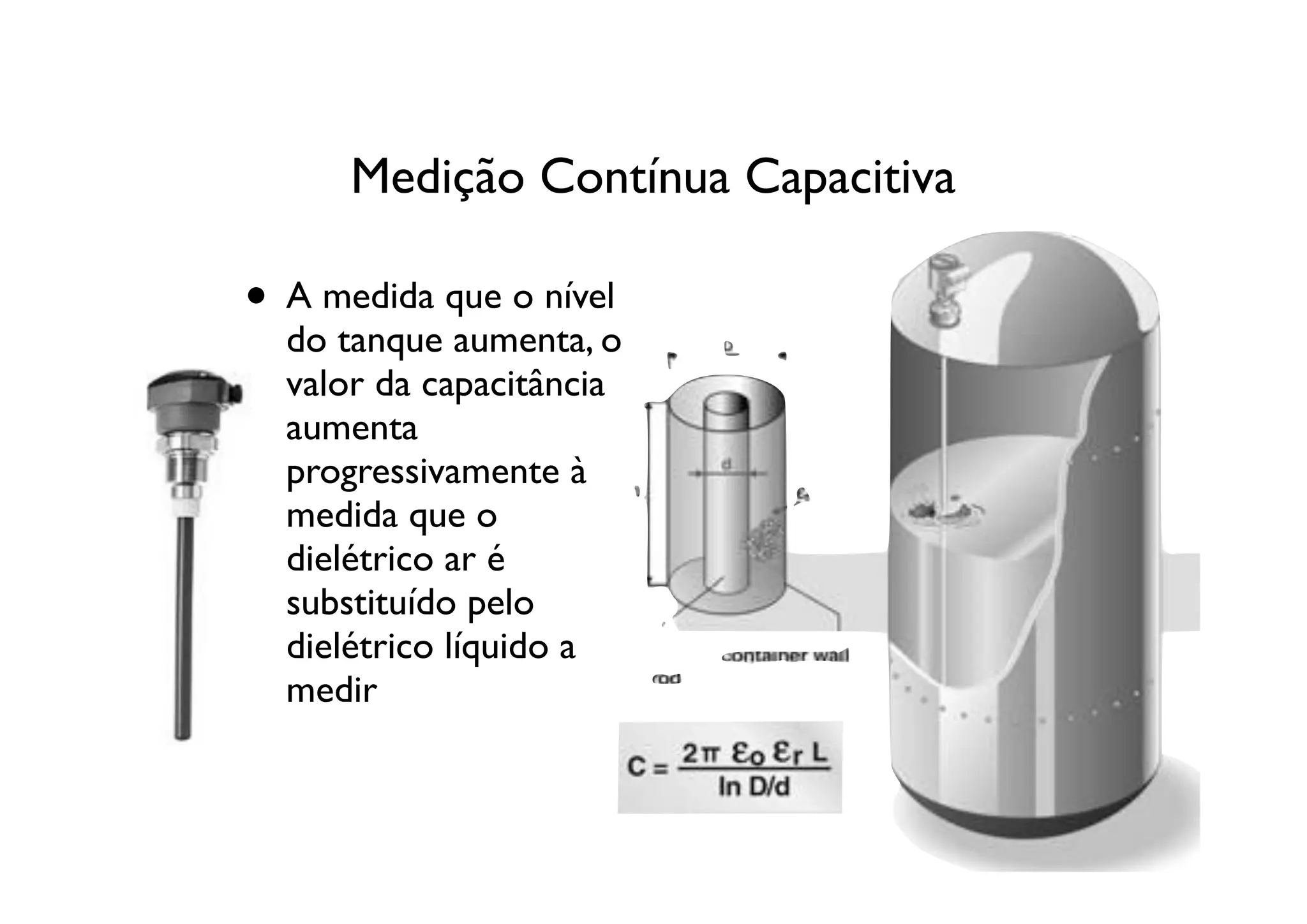 Medição Contínua Capacitiva

• A medida que o nível
  do tanque aumenta, o
  valor da capacitância
  aumenta
  progressivamente à
  medida que o
  dielétrico ar é
  substituído pelo
  dielétrico líquido a
  medir
 