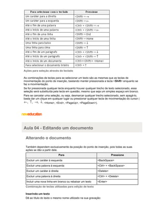 Ações para seleção através do teclado
As combinações de teclas para se selecionar um texto são as mesmas que as teclas de
movimentação do ponto de inserção, bastando manter pressionada a tecla < Shift> enquanto se
faz a movimentação.
Se for pressionada qualquer tecla enquanto houver qualquer trecho de texto selecionado, essa
seleção será substituída pela tecla em questão, mesmo que seja um simples espaço em branco.
Para se cancelar uma seleção, ou seja, desmarcar qualquer trecho selecionado, sem apagá-lo,
basta dar um clique em qualquer lugar ou pressionar qualquer tecla de movimentação do cursor (
<Home>, <End>, <PageUp>, <PageDown>).

Aula 04 - Editando um documento
Alterando o documento
Também dependem exclusivamente da posição do ponto de inserção, pois todas as suas
ações se dão a partir dele.
Para

Pressione

Excluir um caráter à esquerda

<BackSpace>

Excluir uma palavra à esquerda

<Ctrl> + <BackSpace>

Excluir um caráter à direita

<Delete>

Excluir uma palavra à direita

<Ctrl> + <Delete>

Incluir uma nova linha em branco ou rebaixar um texto

<Enter>

Combinação de teclas utilizadas para edição de texto
Inserindo um texto
Dê ao título do texto o mesmo nome utilizado na sua gravação:

 