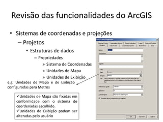 Revisão das funcionalidades do ArcGIS
• Sistemas de coordenadas e projeções
– Projetos
• Estruturas de dados
– Propriedades
» Sistema de Coordenadas
» Unidades de Mapa
» Unidades de Exibição
e.g. Unidades de Mapa e de Exibição
configuradas para Metros
Unidades de Mapa são fixadas em
conformidade com o sistema de
coordenadas escolhido.
Unidades de Exibição podem ser
alteradas pelo usuário
 