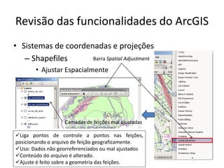 Revisão das funcionalidades do ArcGIS
• Sistemas de coordenadas e projeções
– Shapefiles
• Ajustar Espacialmente
Barra Spatial Adjustment
Liga pontos de controle a pontos nas feições,
posicionando o arquivo de feição geograficamente.
Uso: Dados não georreferenciados ou mal ajustados
Conteúdo do arquivo é alterado.
Ajuste é feito sobre a geometria das feições.
Camadas de feições mal ajustadas
 