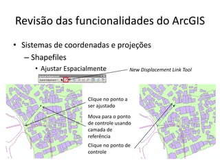 Revisão das funcionalidades do ArcGIS
• Sistemas de coordenadas e projeções
– Shapefiles
• Ajustar Espacialmente New Displacement Link Tool
Clique no ponto a
ser ajustado
Mova para o ponto
de controle usando
camada de
referência
Clique no ponto de
controle
 
