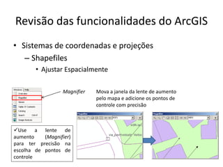 Revisão das funcionalidades do ArcGIS
• Sistemas de coordenadas e projeções
– Shapefiles
• Ajustar Espacialmente
Magnifier
Use a lente de
aumento (Magnifier)
para ter precisão na
escolha de pontos de
controle
Mova a janela da lente de aumento
pelo mapa e adicione os pontos de
controle com precisão
 