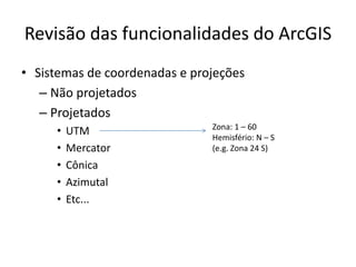 Revisão das funcionalidades do ArcGIS
• Sistemas de coordenadas e projeções
– Não projetados
– Projetados
• UTM
• Mercator
• Cônica
• Azimutal
• Etc...
Zona: 1 – 60
Hemisfério: N – S
(e.g. Zona 24 S)
 