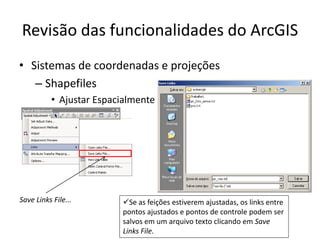 Revisão das funcionalidades do ArcGIS
• Sistemas de coordenadas e projeções
– Shapefiles
• Ajustar Espacialmente
Se as feições estiverem ajustadas, os links entre
pontos ajustados e pontos de controle podem ser
salvos em um arquivo texto clicando em Save
Links File.
Save Links File...
 