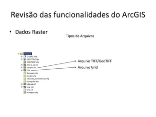 Revisão das funcionalidades do ArcGIS
• Dados Raster
Tipos de Arquivos
Arquivo Grid
Arquivo TIFF/GeoTIFF
 