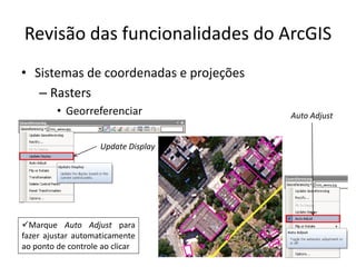 Revisão das funcionalidades do ArcGIS
• Sistemas de coordenadas e projeções
– Rasters
• Georreferenciar
Update Display
Marque Auto Adjust para
fazer ajustar automaticamente
ao ponto de controle ao clicar
Auto Adjust
 