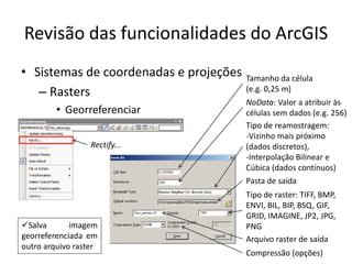 Revisão das funcionalidades do ArcGIS
• Sistemas de coordenadas e projeções
– Rasters
• Georreferenciar
Rectify...
Salva imagem
georreferenciada em
outro arquivo raster
Tamanho da célula
(e.g. 0,25 m)
NoData: Valor a atribuir às
células sem dados (e.g. 256)
Tipo de reamostragem:
-Vizinho mais próximo
(dados discretos),
-Interpolação Bilinear e
Cúbica (dados contínuos)
Pasta de saída
Arquivo raster de saída
Tipo de raster: TIFF, BMP,
ENVI, BIL, BIP, BSQ, GIF,
GRID, IMAGINE, JP2, JPG,
PNG
Compressão (opções)
 