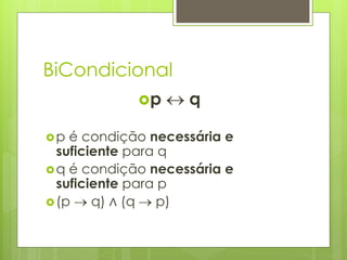 BiCondicional 
p  q 
p é condição necessária e suficiente para q 
q é condição necessária e suficiente para p 
(p  q) ∧ (q  p)  