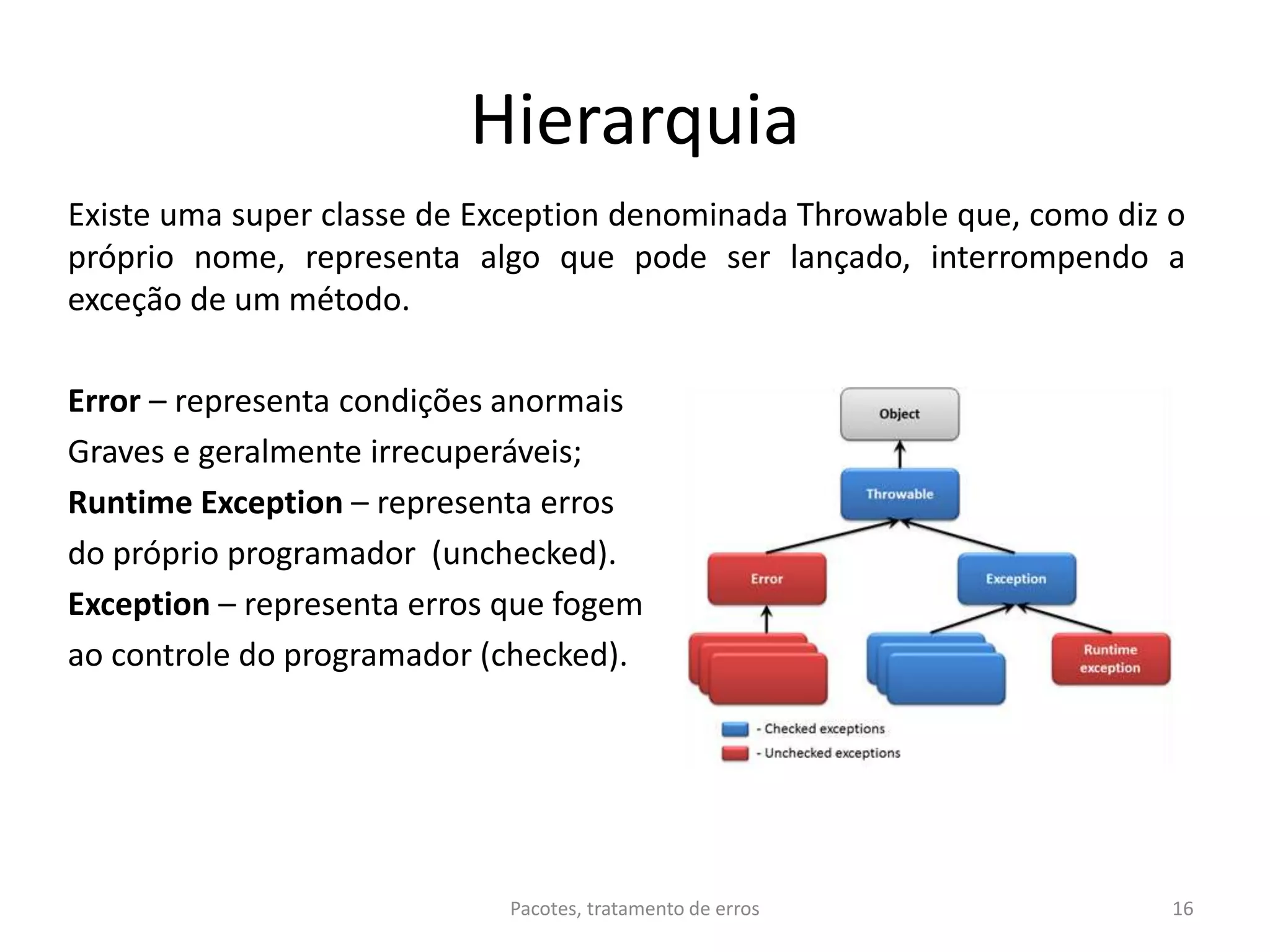 Hierarquia
Existe uma super classe de Exception denominada Throwable que, como diz o
próprio nome, representa algo que pode ser lançado, interrompendo a
exceção de um método.
Error – representa condições anormais
Graves e geralmente irrecuperáveis;
Runtime Exception – representa erros
do próprio programador (unchecked).
Exception – representa erros que fogem
ao controle do programador (checked).
Pacotes, tratamento de erros 16
 