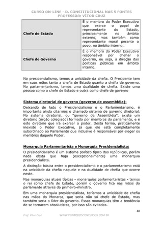CURSO ON-LINE - D. CONSTITUCIONAL NAS 5 FONTES
PROFESSOR: VÍTOR CRUZ
48
Prof. Vítor Cruz WWW.PONTODOSCONCURSOS.COM.BR
Chefe de Estado
É o membro do Poder Executivo
que exerce o papel de
representante do Estado,
principalmente no âmbito
externo, mas também como
representante moral perante o
povo, no âmbito interno.
Chefe de Governo
É o membro do Poder Executivo
responsável por chefiar o
governo, ou seja, a direção das
políticas públicas em âmbito
interno.
No presidencialismo, temos a unicidade da chefia. O Presidente tem
em suas mãos tanto a chefia de Estado quanto a chefia de governo.
No parlamentarismo, temos uma dualidade de chefia. Existe uma
pessoa como o chefe de Estado e outra como chefe de governo
Sistema diretorial de governo (governo de assembléia):
Deixando de lado o Presidencialismo e o Parlamentarismo, é
importante ainda citarmos o chamado sistema de governo diretorial.
No sistema diretorial, ou “governo de Assembléia”, existe um
diretório (órgão colegiado) formado por membros do parlamento, e é
este diretório que irá exercer o poder. Desta forma, praticamente
inexiste o Poder Executivo, já que ele está completamente
subordinado ao Parlamento que inclusive é responsável por eleger os
membros daquele Poder.
Monarquia Parlamentarista e Monarquia Presidencialista:
O presidencialismo é um sistema político típico das repúblicas, porém
nada obsta que haja (excepcionalmente) uma monarquia
presidencialista.
A distinção básica entre o presidencialismo e o parlamentarismo está
na unicidade da chefia naquele e na dualidade de chefia que ocorre
neste.
Nas monarquias atuais típicas - monarquias parlamentaristas - temos
o rei como chefe de Estado, porém o governo fica nas mãos do
parlamento através do primeiro-ministro.
Em uma monarquia presidencialista, teríamos a unicidade de chefia
nas mãos do Monarca, que seria não só chefe de Estado, mas
também seria o líder do governo. Essas monarquias têm a tendência
de se tornarem absolutistas, por isso são evitadas.
 