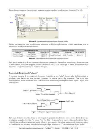7
Laboratório de Informática Industrial – Prof. Luiz T. S. Mendes – DELT/EE-UFMG - 2012
Dessa forma, um menu é apresentado para que se possa escolher o endereço do elemento (Fig. 12).
Figura 12: Janela de endereçamento de um elemento ladder
Defina os endereços para os elementos utilizados na lógica implementada e insira descrições para as
mesmas de acordo com a tabela abaixo:
Variáveis de Entrada Variáveis de Saída
Endereço Descrição ID no MICA Endereço Descrição ID no MICA
Local:1:I.Data.0 Liga/Desliga RB01/00
Local:3:O.Data.0 LED Vermelho RB03/00
Local:1:I.Data.1 Sensor Indutivo RB01/01
Tabela 1: Endereçamento de elementos da linguagem ladder
Para inserir a descrição de um elemento diretamente endereçado, basta clicar no endereço do mesmo com
o botão direito, selecionar a opção Monitor/Edit Force Value Of e, na janela que se abrirá, inserir a descrição
na coluna Description referente ao endereço desejado.
Exercício 2: Empregando “aliases”
A segunda maneira de se endereçar elementos é criando-se um “alias”. Com o alias definido, pode-se
reutilizar mais facilmente este mesmo elemento em outras partes do programa. Para testar essa
funcionalidade, insira uma nova linha e os elementos necessários para implementar a lógica a seguir, sem
endereçá-los:
Figura 13: Diagrama lógico referente ao exercício 2.
Para cada elemento inserido, clique na interrogação logo acima do elemento com o botão direito do mouse
e selecione a opção New Tag. Na janela New Tag (Fig. 14), preencha os campos Name, Description, Type e
Alias For de acordo com a tabela a seguir. Observe que, quando for utilizar elementos já existentes, não é
necessário criar um novo tag: basta fazer um duplo clique no símbolo “?” do elemento e digitar o alias.
 