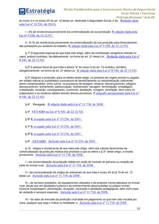 Estratégia[ O N C Ü R 5 O í * * 1
Direito Previdenciário para o Concurso para Técnico do Seguro Social
Curso Teórico + Exercícios
ProfIvan Kertzman ‘Aula 04
do inciso V e no inciso VII do art. 12 desta Lei, destinada à Seguridade Social, é de: Redação dada
pela Lei n° 10.256, de 2001).
I - 2% da receita bruta proveniente da comercialização da sua produção; R edação dada pela
Lei n° 9.528, de 10.12.97.
II - 0,1% da receita bruta proveniente da comercialização da sua produção para financiamento
das prestações por acidente do trabalho. R edação dada pela Lei n° 9.528, de 10.12.97).
§ 1° O segurado especial de que trata este artigo, além da contribuição obrigatória referida no
caput, poderá contribuir, facultativamente, na forma do art. 21 desta Lei. Redação dada pela Lei n°
8.540, de 22.12.92)
§ 2° A pessoa física de que trata a alínea "a" do inciso V do art. 12 contribui, também,
obrigatoriamente, na forma do art. 21 desta Lei. R edação dada pela Lei n° 8.540, de 22.12.92)
§ 3° Integram a produção, para os efeitos deste artigo, os produtos de origem animal ou vegetal,
em estado natural ou submetidos a processos de beneficiamento ou industrialização rudimentar,
assim compreendidos, entre outros, os processos de lavagem, limpeza, descaroçamento, pilagem,
descascamento, lenhamento, pasteurização, resfriamento, secagem, fermentação, embalagem,
cristalização, fundição, carvoejamento, cozimento, destilação, moagem, torrefação, bem como os
subprodutos e os resíduos obtidos através desses processos. P arágrafo acrescentado pela Lei n °
8.540, de 22.12.92)
§ 4o Revogado . R edação dada pela Lei n° 11.718, de 2008 .
§5° V E T A D O na Lei n° 8.540, de 22.12.92)
§ 6° R evogado pela Lei n° 10.256, de 2001 .
§ 7° R evogado pela Lei n° 10.256, de 2001 .
§ 8° R evogado pela Lei n° 10.256, de 2001 .
§ 9o V E T A D O Incluído pela Lei n° 10.256, de 2001 .
§ 10. Integra a receita bruta de que trata este artigo, além dos valores decorrentes da
comercialização da produção relativa aos produtos a que se refere o § 3o deste artigo, a receita
proveniente: Incluído pela Lei n° 11.718, de 2008 .
I - da comercialização da produção obtida em razão de contrato de parceria ou meação de
parte do imóvel rural; Incluído pela Lei n° 11.718, de 2008 .
II - da comercialização de artigos de artesanato de que trata o inciso VII do § 10 do art. 12
desta Lei; Incluído pela Lei n° 11.718, de 2008 .
III - de serviços prestados, de equipamentos utilizados e de produtos comercializados no imóvel
rural, desde que em atividades turística e de entretenimento desenvolvidas no próprio imóvel,
inclusive hospedagem, alimentação, recepção, recreação e atividades pedagógicas, bem como taxa
de visitação e serviços especiais; Incluído pela Lei n° 11.718, de 2008 .
IV - do valor de mercado da produção rural dada em pagamento ou que tiver sido trocada por
outra, qualquer que seja o motivo ou finalidade; e Incluído pela Lei n° 11.718, de 2008 .
52
 
