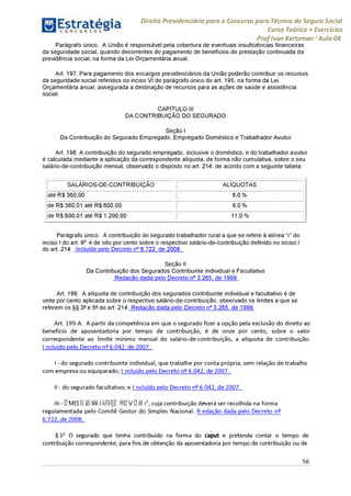 Direito Previdenciário para o Concurso para Técnico do Seguro Social
Curso Teórico + Exercícios
ProfIvan Kertzman ‘Aula 04
Parágrafo único. A União é responsável pela cobertura de eventuais insuficiências financeiras
da seguridade social, quando decorrentes do pagamento de benefícios de prestação continuada da
previdência social, na forma da Lei Orçamentária anual.
Art. 197. Para pagamento dos encargos previdenciários da União poderão contribuir os recursos
da seguridade social referidos no inciso VI do parágrafo único do art. 195, na forma da Lei
Orçamentária anual, assegurada a destinação de recursos para as ações de saúde e assistência
social.
CAPÍTULO III
DA CONTRIBUIÇÃO DO SEGURADO
Seção I
Da Contribuição do Segurado Empregado, Empregado Doméstico e Trabalhador Avulso
Art. 198. A contribuição do segurado empregado, inclusive o doméstico, e do trabalhador avulso
é calculada mediante a aplicação da correspondente alíquota, de forma não cumulativa, sobre o seu
salário-de-contribuição mensal, observado o disposto no art. 214, de acordo com a seguinte tabela:
SALÁRIOS-DE-CONTRIBUIÇÃO ALÍQUOTAS
até R$ 360,00 8,0 %
de R$ 360,01 até R$ 600,00 9,0 %
de R$600,01 até R$ 1.200,00 11,0 %
Parágrafo único. A contribuição do segurado trabalhador rural a que se refere à alínea “r” do
inciso I do art. 9o é de oito por cento sobre o respectivo salário-de-contribuição definido no inciso I
do art. 214. Incluído pelo Decreto n° 6.722, de 2008.
Seção II
Da Contribuição dos Segurados Contribuinte Individual e Facultativo
Redação dada pelo Decreto n° 3.265, de 1999
Art. 199. A alíquota de contribuição dos segurados contribuinte individual e facultativo é de
vinte por cento aplicada sobre o respectivo salário-de-contribuição, observado os limites a que se
referem os §§ 3° e 5° do art. 214. Redação dada pelo Decreto n° 3.265, de 1999
Art. 199-A. A partir da competência em que o segurado fizer a opção pela exclusão do direito ao
benefício de aposentadoria por tempo de contribuição, é de onze por cento, sobre o valor
correspondente ao limite mínimo mensal do salário-de-contribuição, a alíquota de contribuição:
I ncluído pelo Decreto n° 6.042, de 2007.
I - do segurado contribuinte individual, que trabalhe por conta própria, sem relação de trabalho
com empresa ou equiparado; I ncluído pelo Decreto 6.042, de 2007.
II - do segurado facultativo; e I ncluído pelo Decreto n° 6.042, de 2007.
III - ÉZMEI ÉGZZGÉÃ ÃÃíjYGÃEK iYüsEZV ÉZÃSI' 6o, cuja contribuição deverá ser recolhida na forma
regulamentada pelo Comitê Gestor do Simples Nacional. R edação dada pelo Decreto n°
6.722, de 2008.
§ 1o O segurado que tenha contribuído na forma do caput e pretenda contar o tempo de
contribuição correspondente, para fins de obtenção da aposentadoria por tempo de contribuição ou de
56
 