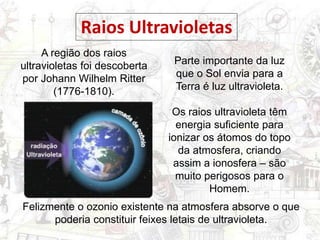 Parte importante da luz
que o Sol envia para a
Terra é luz ultravioleta.
Os raios ultravioleta têm
energia suficiente para
ionizar os átomos do topo
da atmosfera, criando
assim a ionosfera – são
muito perigosos para o
Homem.
Felizmente o ozonio existente na atmosfera absorve o que
poderia constituir feixes letais de ultravioleta.
Raios Ultravioletas
A região dos raios
ultravioletas foi descoberta
por Johann Wilhelm Ritter
(1776-1810).
 