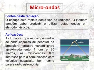Fontes desta radiação:
O espaço esta repleto deste tipo de radiação. O Homem
também sabe produzir e utilizar estas ondas em
eletrodomésticos.
Micro-ondas
Aplicações:
1 - Uma vez que os comprimentos
de onda capazes de penetrar na
atmosfera terrestre variam entre
aproximadamente 1 cm e 30
metros, as micro-ondas têm
interesse para a comunicação com
veículos espaciais, bem como
para a rádio astronomia.
 